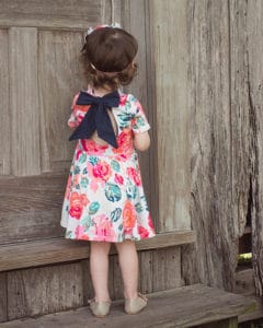 Baby Adelyn Scoop Back Top + Dress | The Simple Life Pattern Company knit woven combo pdf sewing pattern baby girls babies tween scoop back lined bodice tie bow back circle skirt or gathered skirt top or dress length. long sleeves spring summer fall winter play dress puff sleeve empire bodice