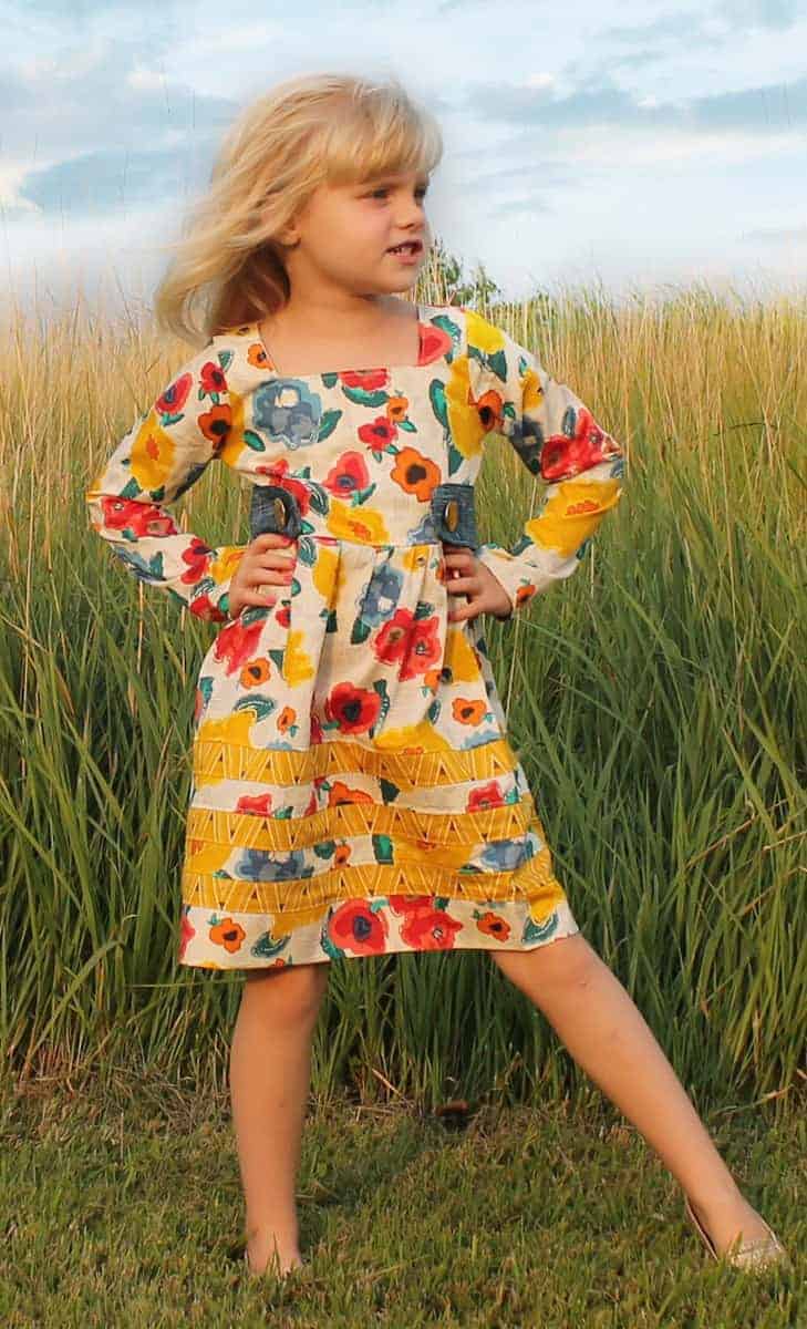 Rayann's Retro Top Dress & Maxi cap sleeves long sleeves tank top button sash no closures square neckline. beginner easy pattern accent strips simple vintage beach summer spring winter fall back to school code bubble romper add on PDF sewing pattern sizes 2t-12 downloadable girls beginner fast easy sewing pattern long sleeves cap sleeves