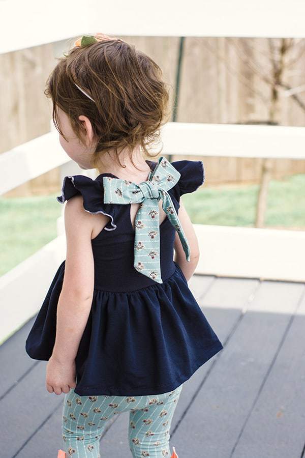 Baby Adelyn Scoop Back Top + Dress | The Simple Life Pattern Company knit woven combo pdf sewing pattern baby girls babies tween scoop back lined bodice tie bow back circle skirt or gathered skirt top or dress length. long sleeves spring summer fall winter play dress puff sleeve empire bodice