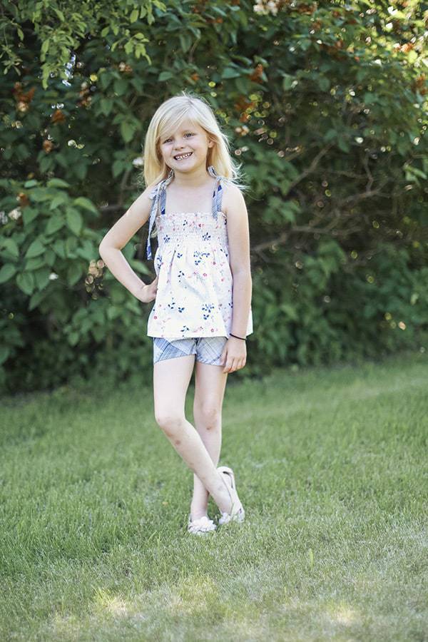 Angie's Shirred Top & Elle's Shorts. PDF sewing patterns for girl sizes 2t-12.