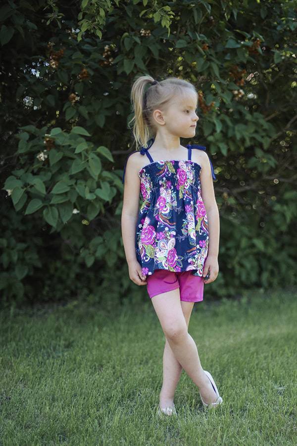 Angie's Shirred Top & Elle's Shorts. PDF sewing patterns for girl sizes 2t-12.