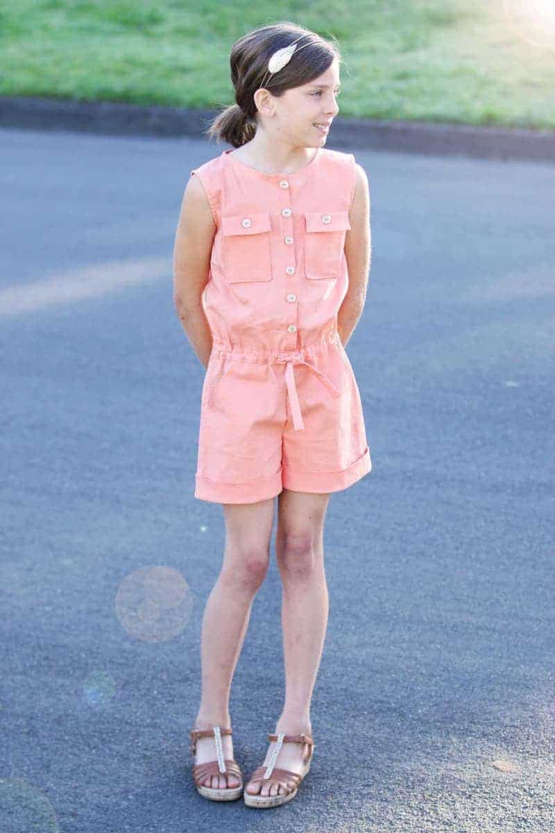 Jane | The Simple Life Pattern Company ruffle button front dress or romper girls tween pockets cap sleeves woven pdf sewing pattern elastic waist tank top jumper cuff shorts fall winter spring summer dress