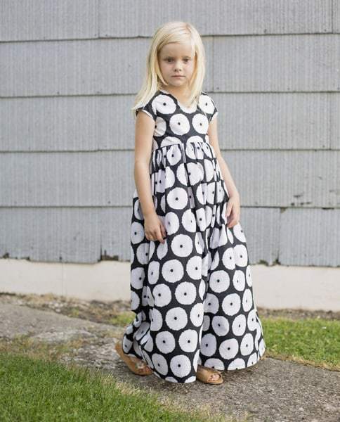 Emma's Top + Maxi Dress | The Simple Life Pattern Company PDF sewing pattern girls tween full back closure open back strappy unique spring summer beach dress fall winter top and dress with sleeves herringbone quilt skirt design slpco quilting series quilted skirt pieced skirt v neck pieced bodice