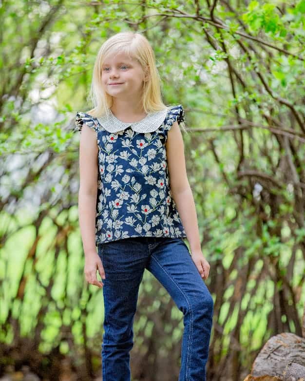 Sugar Pop Top Simple Life Pattern Company Sew Caroline Hulse Woven cotton collar top high low hem full back snap button closure full collar tank flutter and cap sleeves vintage tunic classic style trendy kids spring summer fall winter