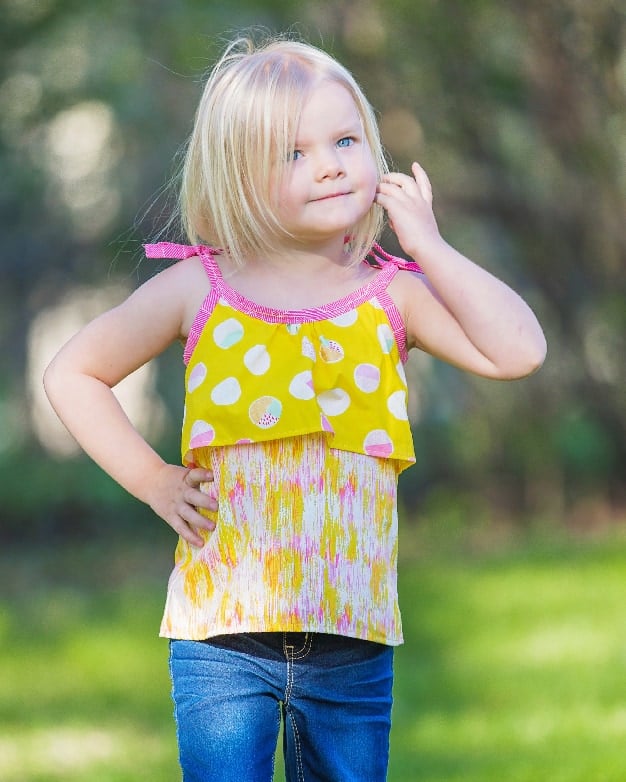 Simple Life Pattern Company in collaboration with Sew Caroline Waterfall Tank flounce top tie strap spaghetti straps spring summer fall layering top bows ruffle front pdf sewing pattern girls women 2t-12