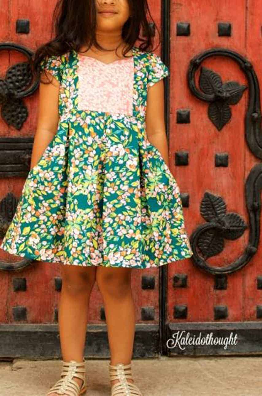 Ava's Pleated Dress | Simple Life Pattern Company pdf sewing pattern girls 2t-12 slpco pleats sweetheart neckline spring, summer, fall, winter, sleeveless, long sleeve, button keyhole, deep hem, embroidery, bodice insert, top, dress