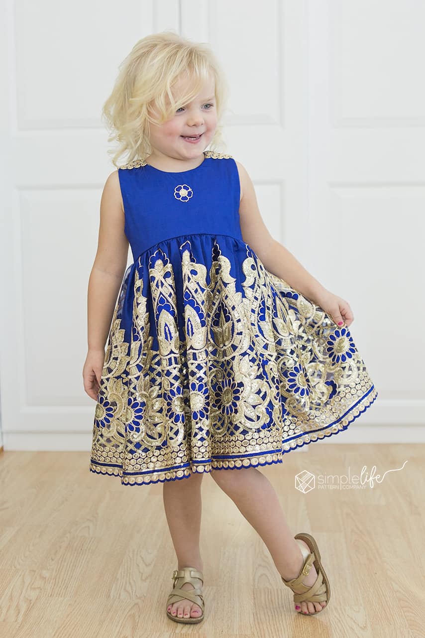 Simple Life Pattern Company Jaimesyn's Double Flutter sleeve party dress special occasion holiday christmas dress. PDF sewing pattern fast easy downloadable printable sewing pattern beginner cobalt blue and gold fancy lace dress v back open back