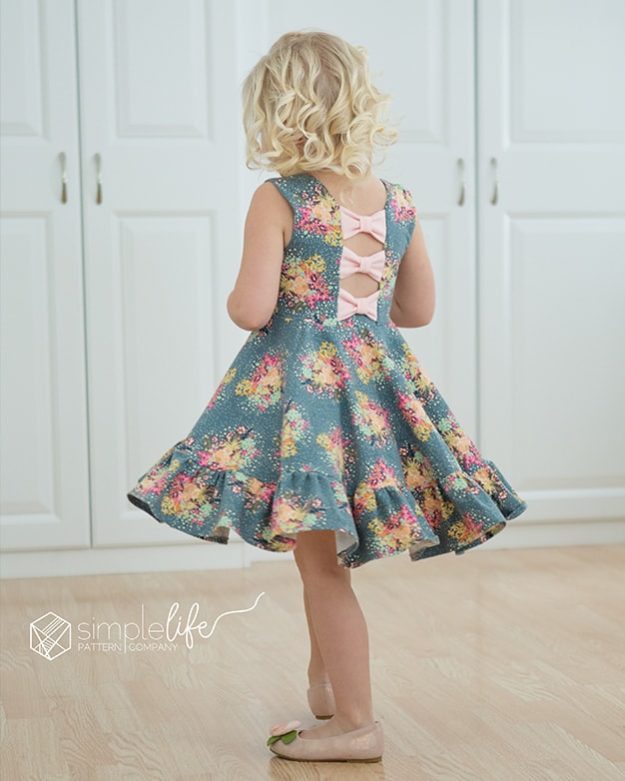 kids girls toddler Aria's bow back top and dress The Simple Life Pattern Company fashion trendy open back knit jersey lycra ruffle circle skirt twirl bow back modest pdf downloadable sewing pattern sleeves fall winter spring summer tank ruffle flutters vintage modern fast easy beginner.