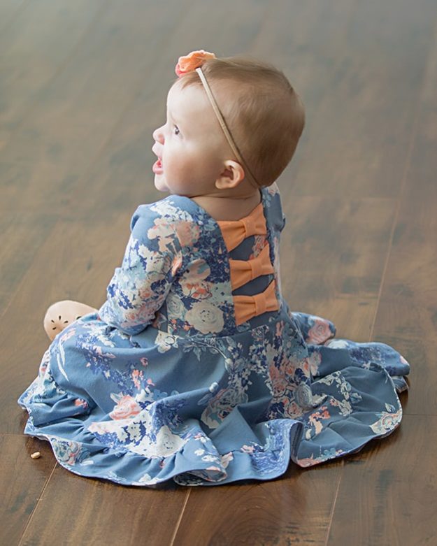 Infant Baby Aria's bow back top and dress The Simple Life Pattern Company knit jersey lycra ruffle circle skirt twirl bow back modest pdf downloadable sewing pattern sleeves fall winter spring summer tank ruffle flutters vintage modern fast easy beginner.