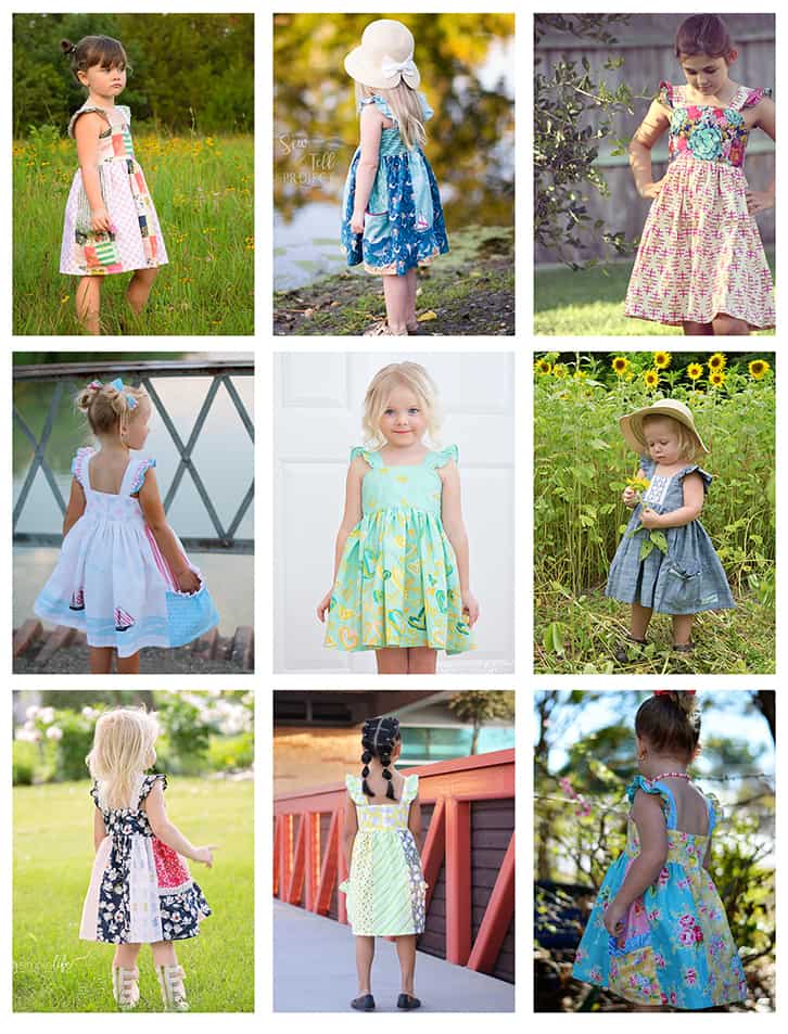 Laguna's double flutter top and dress is the cutest spring and summer dress. Loaded with options (because thats what we do), makes this a very versatile pattern for all occasions. Have a favorite fabric collection? Showcase it in the panel skirt option. There is an option for side pockets on the skirt as well, making it perfect for those little girls who love to collect treasures. For a super fast sew, do a simple skirt or only add the side skirt panels with pockets to showcase a few prints. The straps can be simple or you can add a flutter or even a double flutter. This pattern buttons or snaps in the back, making it a slightly fitted bodice. vintage modern toddler kid girls dress top.