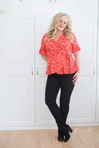 Stitch Fix review from Katie Skoog of Simple Life Pattern Company. I am reviewing box number 32 today. I have the 41 Hawthorne Dawney Scallop Trim Blouse, Kut from the Kloth Mollee floral print knit dress, 19 cooper Nicole flutter sleeve wrap blouse, Just Black Drake scissor hem skinny jeans and Kensie Blazer Rebekah