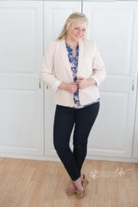 Stitch Fix review from Katie Skoog of Simple Life Pattern Company. I am reviewing box number 32 today. I have the 41 Hawthorne Dawney Scallop Trim Blouse, Kut from the Kloth Mollee floral print knit dress, 19 cooper Nicole flutter sleeve wrap blouse, Just Black Drake scissor hem skinny jeans and Kensie Blazer Rebekah