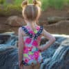 Simple Life Pattern Company | Harbor's Flutter Back Swimsuit Downloadable PDF Sewing Pattern for Girl's and Toddler Sizes 2t-12 Get ready for summer with Harbor's Flutter Back Swimsuit! The Harbor swimsuit has so many features.  This swimsuit features an elegant and unique back flutter strap with an optional center bow.  Adorable leg flutters make this suit perfect for your stylish little lady.  It also make the cutest leotard for dance and gymnastics. This swimsuit provides the perfect coverage while playing all day in the sun!!