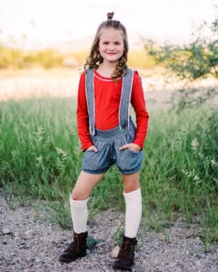 Simple Life Pattern Company | Maggie's High Waisted Shorts Downloadable PDF Sewing Pattern for Girls and Toddler Sizes 2T-12 wide leg shorts elastic hem cuff hem pockets pocket tab suspenders high rise low rise mid rise
