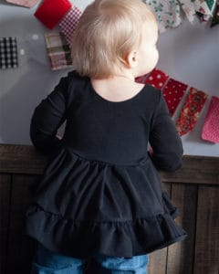 Baby Patricia's Knit Bodice Add-On. Downloadable PDF Sewing Pattern for Baby Sizes NB- 24 M. Baby Patricia has a knit bodice add-on.  All of the same gorgeous options as the woven Baby Patricia’s Boho High Low Top & Dress are available in the knit bodice add-on pattern.