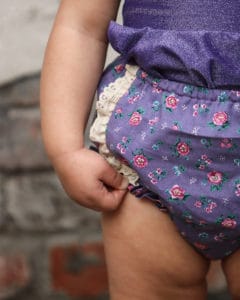 Simple Life Pattern Company | Rosie's Ruffled Bum Bloomers. Downloadable PDF Sewing Pattern for Babies and Toddlers Size Newborn to 3T. Rosie's Ruffled Bum Bloomers are just the pattern you've been looking for. Featuring a ruffled bum and optional leg ruffles, you can create a variety of looks with this one pattern. Slim fit or bubble fit.  Uses 1/2" elastic at the waist and 1/4" elastic for the legs.  