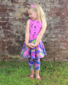 Simple Life Pattern Company | Roxie's Skirted Leggings. Downloadable PDF Sewing Pattern for Sizes Toddler and Girls sizes 2T-12. Roxie's Skirt Leggings are perfect for pairing with all our tops, especially the Lydia or Autumn. Roxie features 3 patterns in 1 pattern. Simple basic leggings, skirted leggings or a simple skirt.  There are three legging lengths- pants, capri or shorts.  Roxie features a waist yoke, elastic waistband and optional faux drawstring. This is sure to become a staple pattern for any season from back to school to hot summer days and everyday in between.