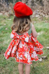 Simple life pattern company fast easy downloadable pdf sewing patterns for beginners to advanced Molly embroidered bodice with big bow ties for special occasion holidays and christmas with kinley flounce cascading skirt