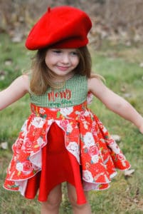 Simple life pattern company fast easy downloadable pdf sewing patterns for beginners to advanced Molly embroidered bodice with big bow ties for special occasion holidays and christmas with kinley flounce cascading skirt
