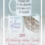 Create your own marketing and promotional items with the Cricut Maker and Cricut Mug Press. #ad #cricutmade DIY custom coffee mugs using your branding. DIY custom pattern weights made from coasters. Personalize your branding images using your Cricut. Create personalized custom products for your social media posts. Simple Life Pattern Company Katie Skoog Simple Life Patterns PDF downloadable patterns #SLPco