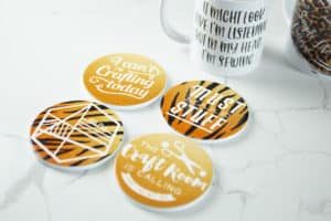 Create your own marketing and promotional items with the Cricut Maker and Cricut Mug Press. #ad #cricutmade DIY custom coffee mugs using your branding. DIY custom pattern weights made from coasters. Personalize your branding images using your Cricut. Create personalized custom products for your social media posts. Simple Life Pattern Company Katie Skoog Simple Life Patterns PDF downloadable patterns #SLPco